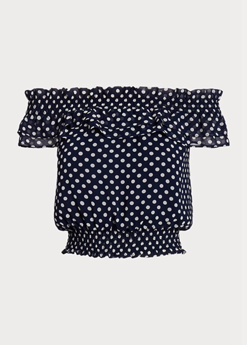 Ralph Lauren Polka-dot Off-the-shoulder Blouse Blast Dam Marinblå | 904158-GTY