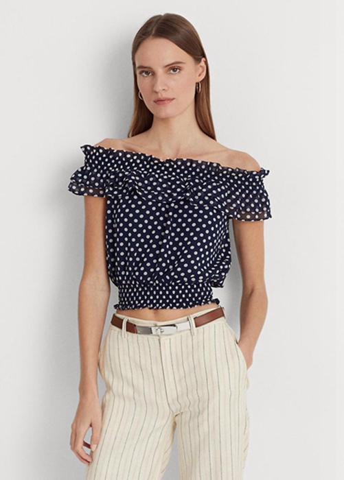 Ralph Lauren Polka-dot Off-the-shoulder Blouse Blast Dam Marinblå | 904158-GTY