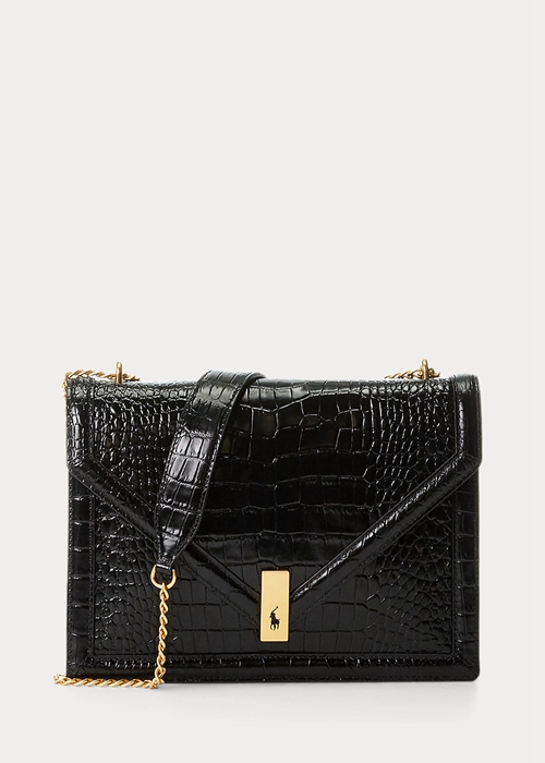 Ralph Lauren Polo ID Croc-Embossed Envelope Chain Crossbody Väska Dam Svarta | 063419-WQF