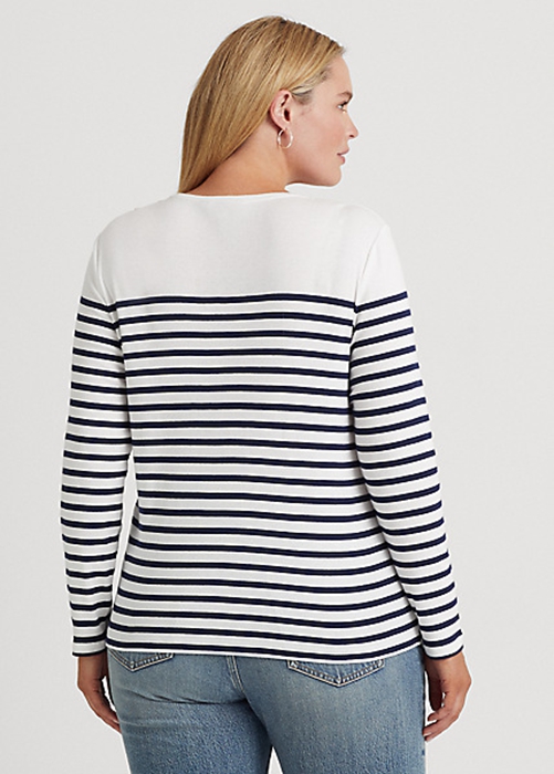 Ralph Lauren Randig Bomull Long-Sleeve Blast Dam Vita Marinblå | 259831-NMT