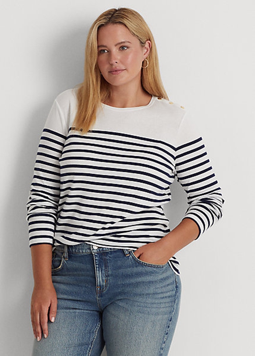 Ralph Lauren Randig Bomull Long-Sleeve Blast Dam Vita Marinblå | 259831-NMT