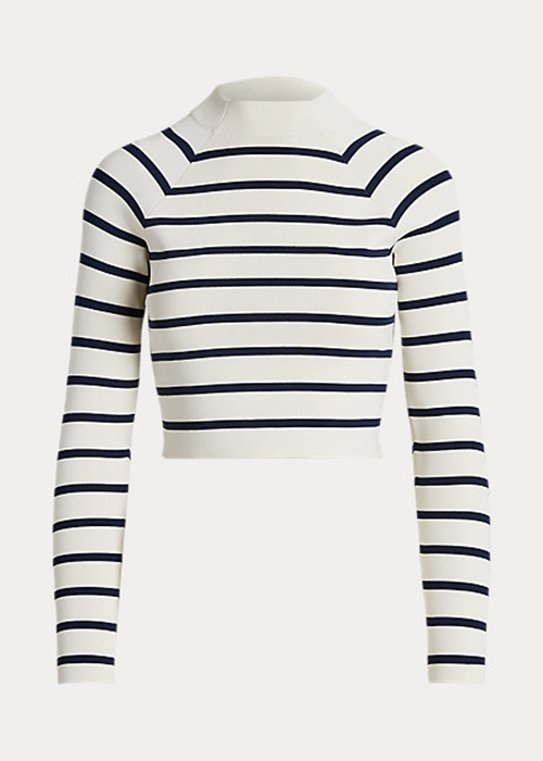 Ralph Lauren Randig Cropped Mockneck Tröjor Dam Grädde Marinblå | 013786-MDL