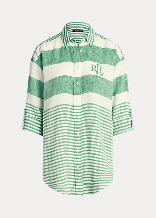 Ralph Lauren Randig Oversize Linen Skjorta Dam Gröna | 653894-QAG