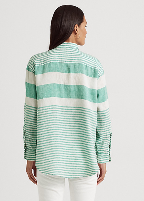 Ralph Lauren Randig Oversize Linen Skjorta Dam Gröna | 653894-QAG