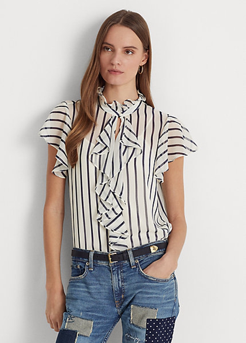 Ralph Lauren Randig Ruffle-Trim Chiffon Blouse Skjorta Dam Grädde Marinblå | 312508-OIH