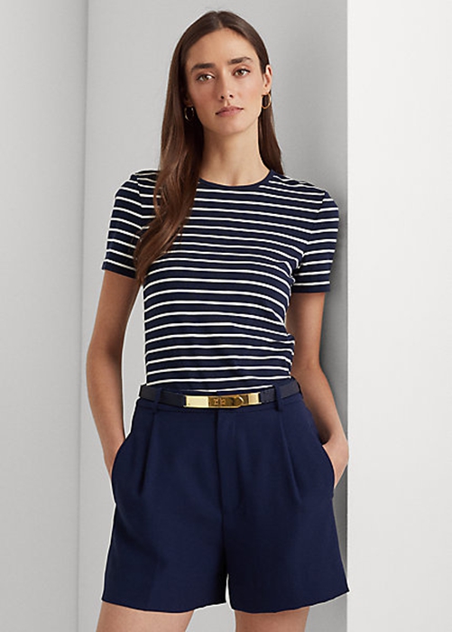 Ralph Lauren Randig Stretch Bomull T-shirt Dam Marinblå | 546720-NEY