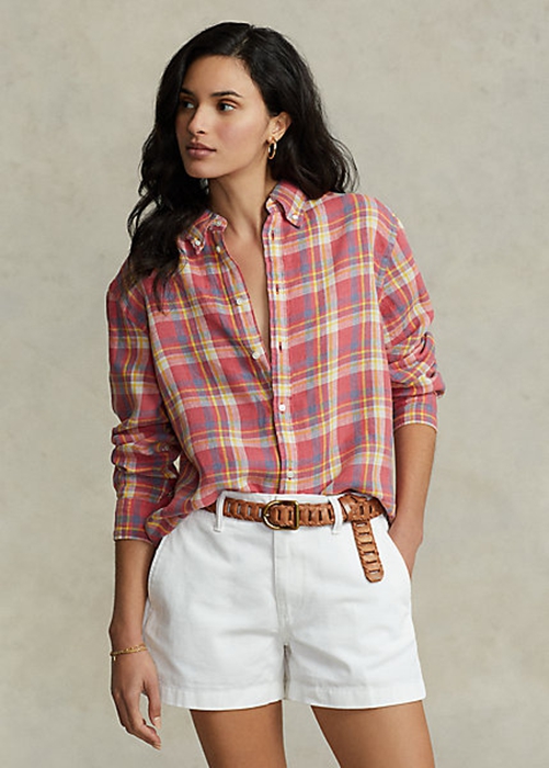 Ralph Lauren Relaxed Fit Plaid Linen Skjorta Dam Rosa | 903457-FGT