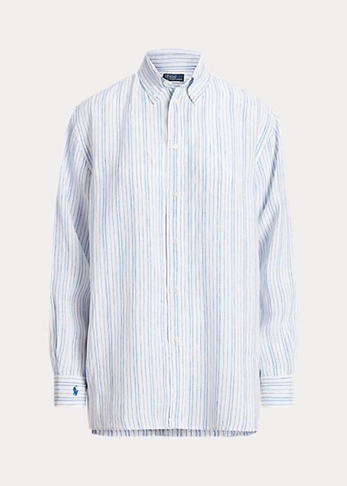 Ralph Lauren Relaxed Fit Randig Linen Skjorta Dam Blå | 697481-ZLG