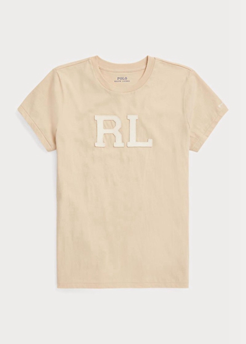 Ralph Lauren Rl-suede-applique Jersey T-shirt Dam Beige | 208473-HBC