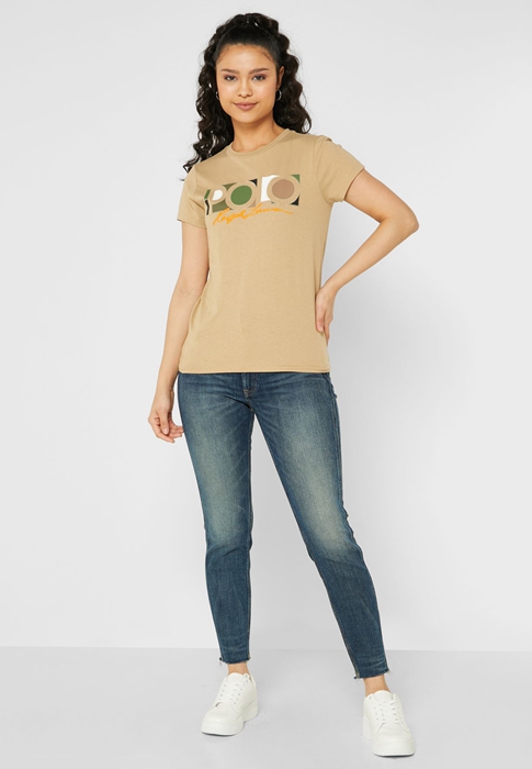 Ralph Lauren Round Neck Tryck T-shirt Dam Bruna | 153407-QUY