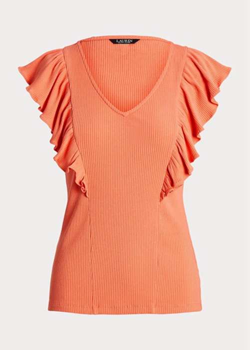 Ralph Lauren Ruffle-trim Rib-knit T-shirt Dam Orange | 198524-WOE