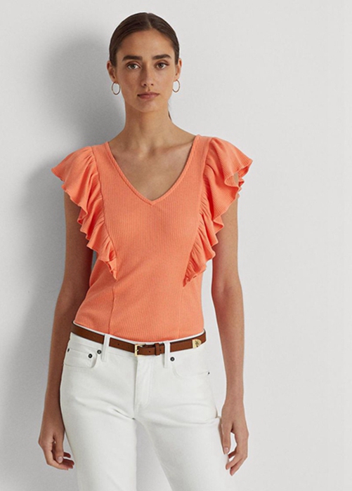 Ralph Lauren Ruffle-trim Rib-knit T-shirt Dam Orange | 198524-WOE