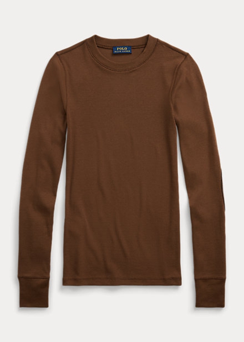 Ralph Lauren Räfflad Mocka-Trim Long-Sleeve T-shirt Dam Bruna | 053674-TEU