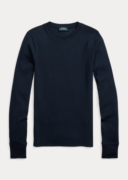 Ralph Lauren Räfflad Mocka-Trim Long-Sleeve T-shirt Dam Marinblå | 236014-LID