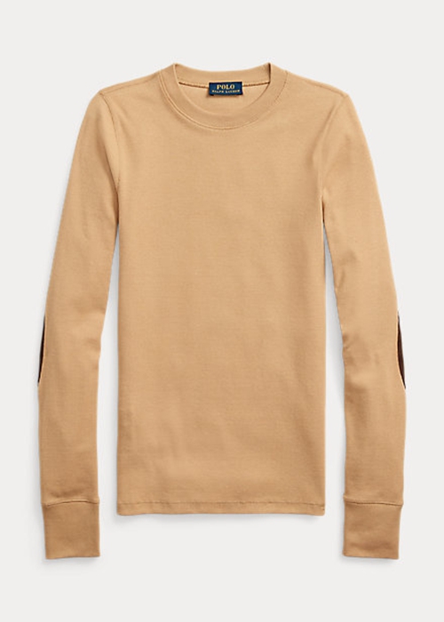 Ralph Lauren Räfflad Mocka-Trim Long-Sleeve T-shirt Dam Beige | 693547-NMJ