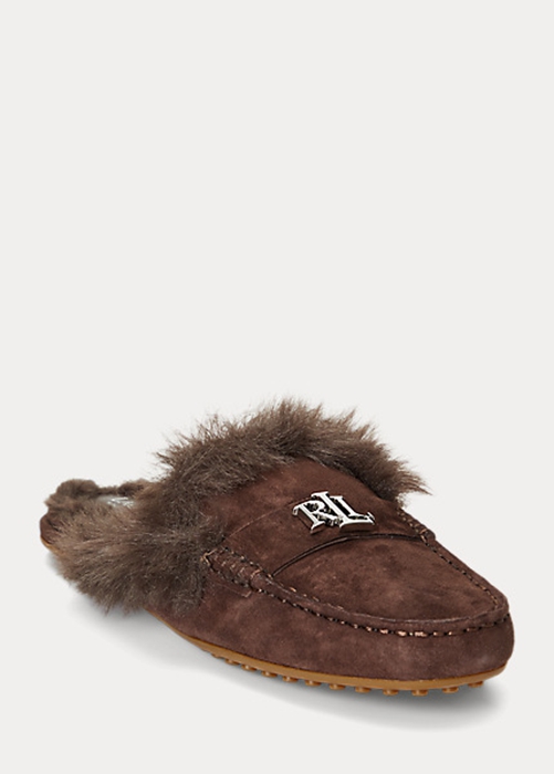 Ralph Lauren Savanah Faux Fur-Trim Mocka Platta Skor Dam Choklad | 025431-AHS