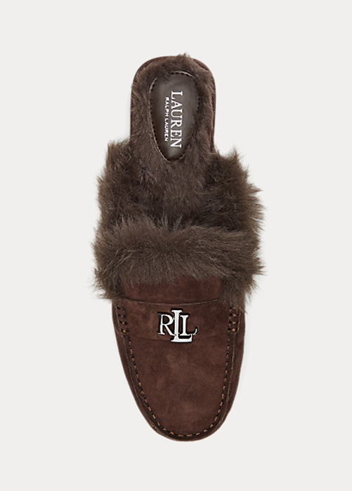 Ralph Lauren Savanah Faux Fur-Trim Mocka Platta Skor Dam Choklad | 025431-AHS