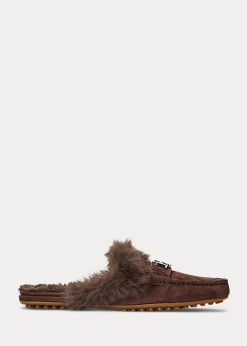 Ralph Lauren Savanah Faux Fur-Trim Mocka Platta Skor Dam Choklad | 025431-AHS