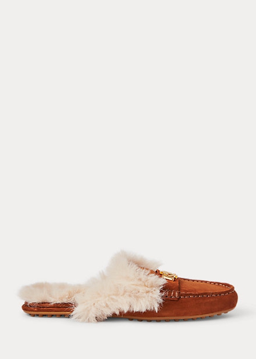 Ralph Lauren Savanah Faux Fur-Trim Mocka Platta Skor Dam Bruna | 769185-POM