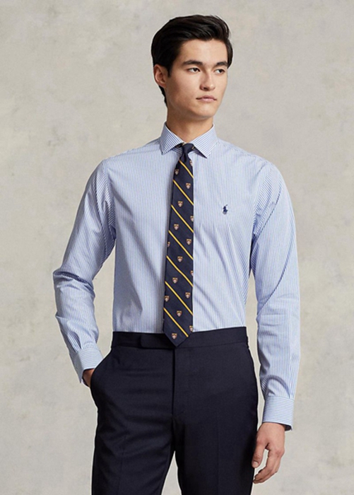 Ralph Lauren Slim Fit Randig Poplin Formal Skjorta Herr Blå | 971235-EHD