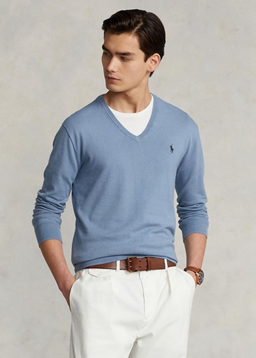 Ralph Lauren Slim Fit Textured Bomull Jumper Tröjor Herr Blå | 918754-XCQ