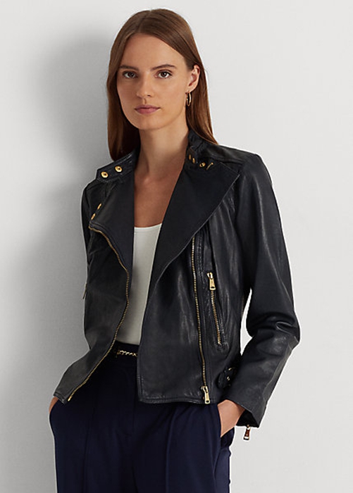 Ralph Lauren Tumbled Läder Moto Jacka Dam Marinblå | 530927-QOJ