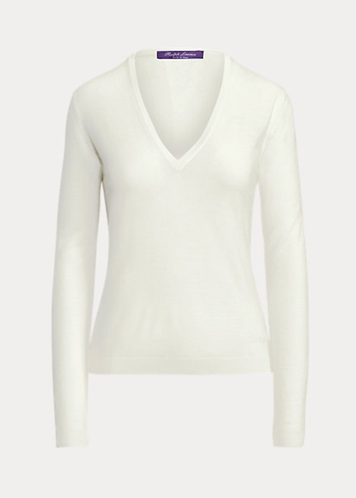 Ralph Lauren Ull Long-Sleeve V-Neck Tröjor Dam Grädde | 573184-BAH