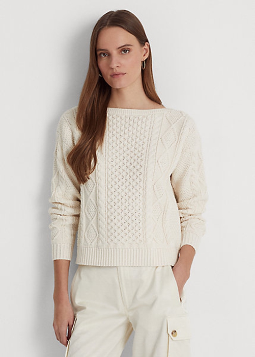 Ralph Lauren Aran-Knit Bomull Boatneck Tröjor Dam Grädde | 803915-FTK