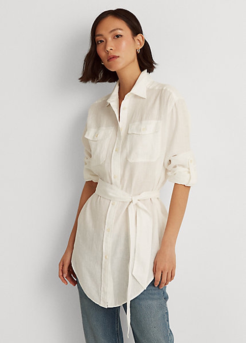 Ralph Lauren Belted Linen Skjorta Dam Vita | 654709-HRM