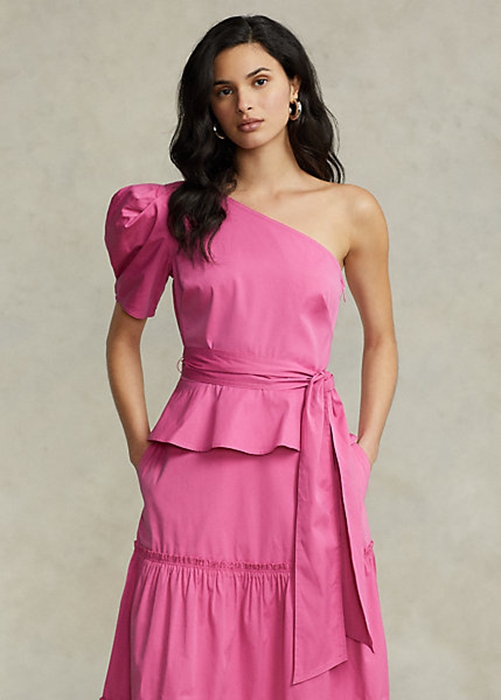 Ralph Lauren Belted One-Shoulder Bomull Blast Dam Fuchsia | 149680-OBT