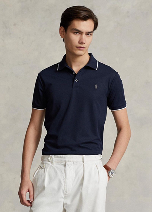 Ralph Lauren Custom Slim Fit Birdseye Piketröja Herr Marinblå | 152873-GLJ