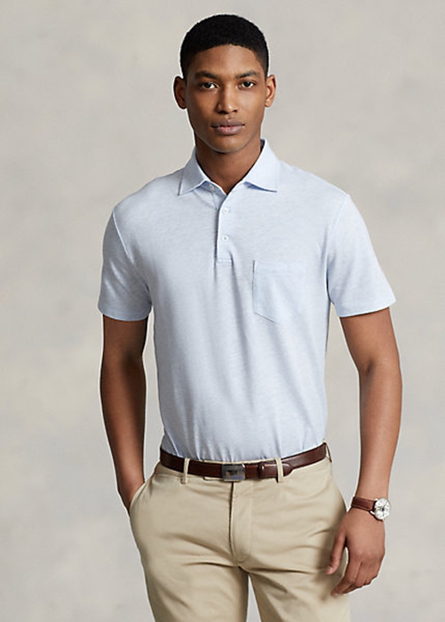 Ralph Lauren Custom Slim Fit Bomull-Linen Piketröja Herr Ljusblå | 498325-PYD