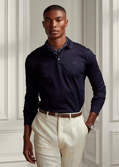 Ralph Lauren Custom Slim Fit Pique Piketröja Herr Marinblå | 043821-OIX