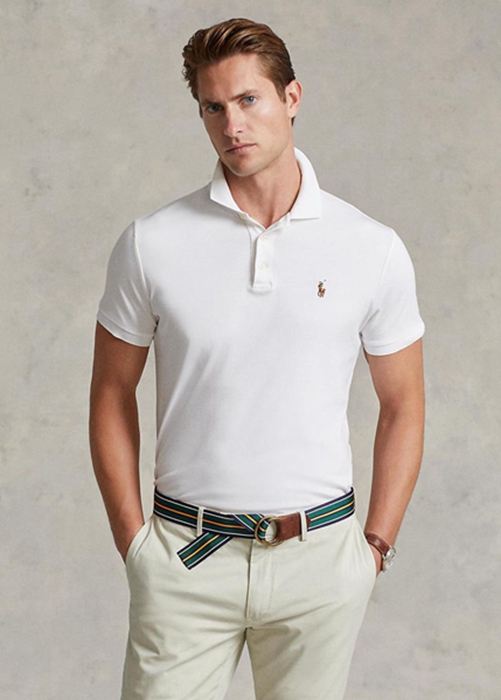 Ralph Lauren Custom Slim Fit Soft Bomull Piketröja Herr Vita | 015682-PHX