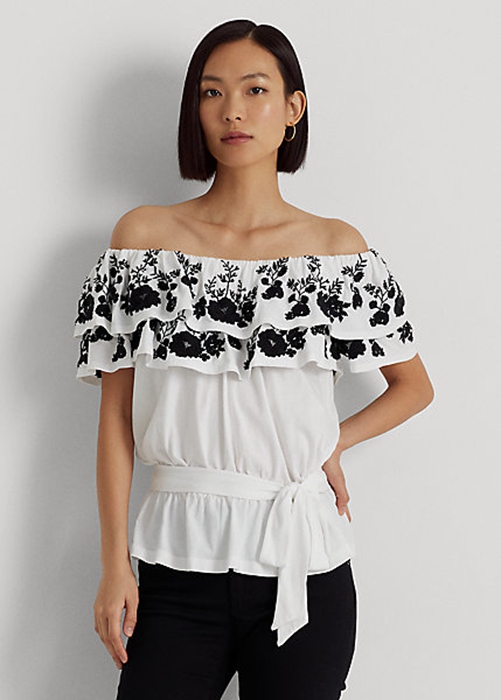 Ralph Lauren Embroidered Jersey Off-the-Shoulder Blast Dam Svarta Vita | 563849-HAM