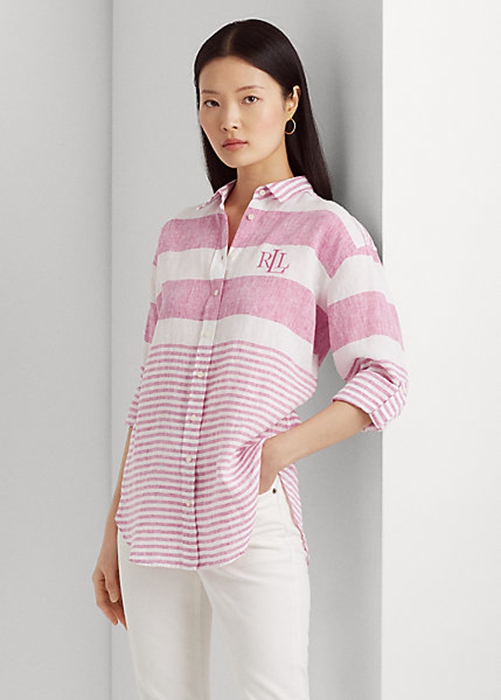 Ralph Lauren Randig Oversize Linen Skjorta Dam Rosa | 154780-OVF